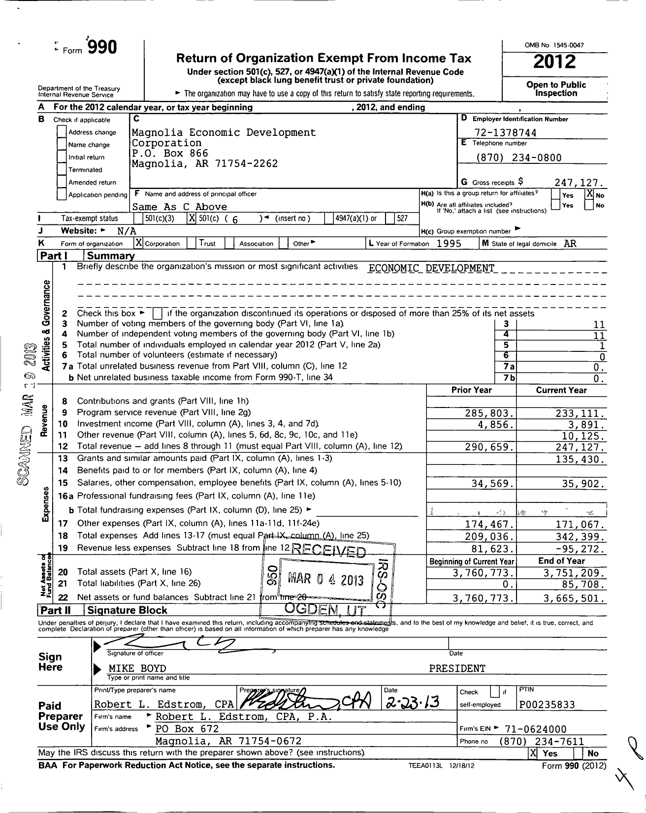 Image of first page of 2012 Form 990O for Magnolia Economic Development