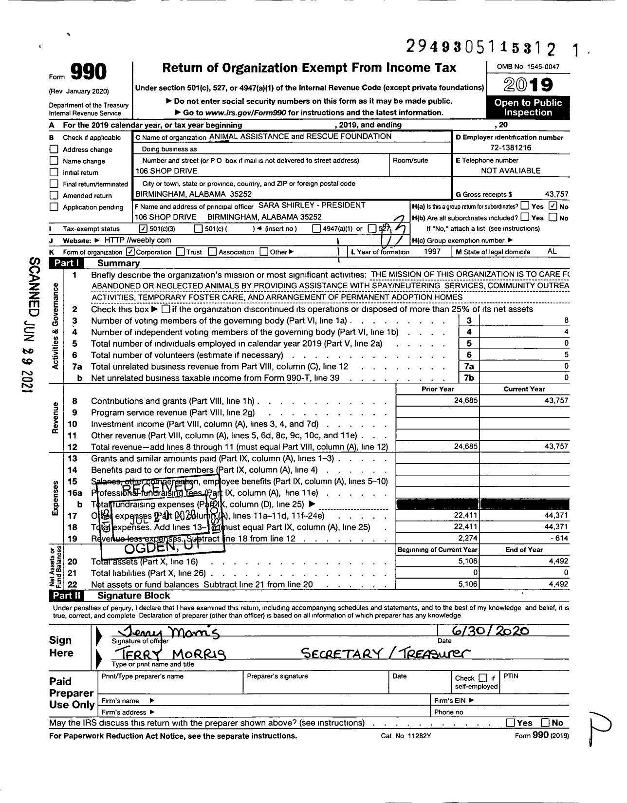 Image of first page of 2019 Form 990 for Animal Assistance and Rescue Foundation