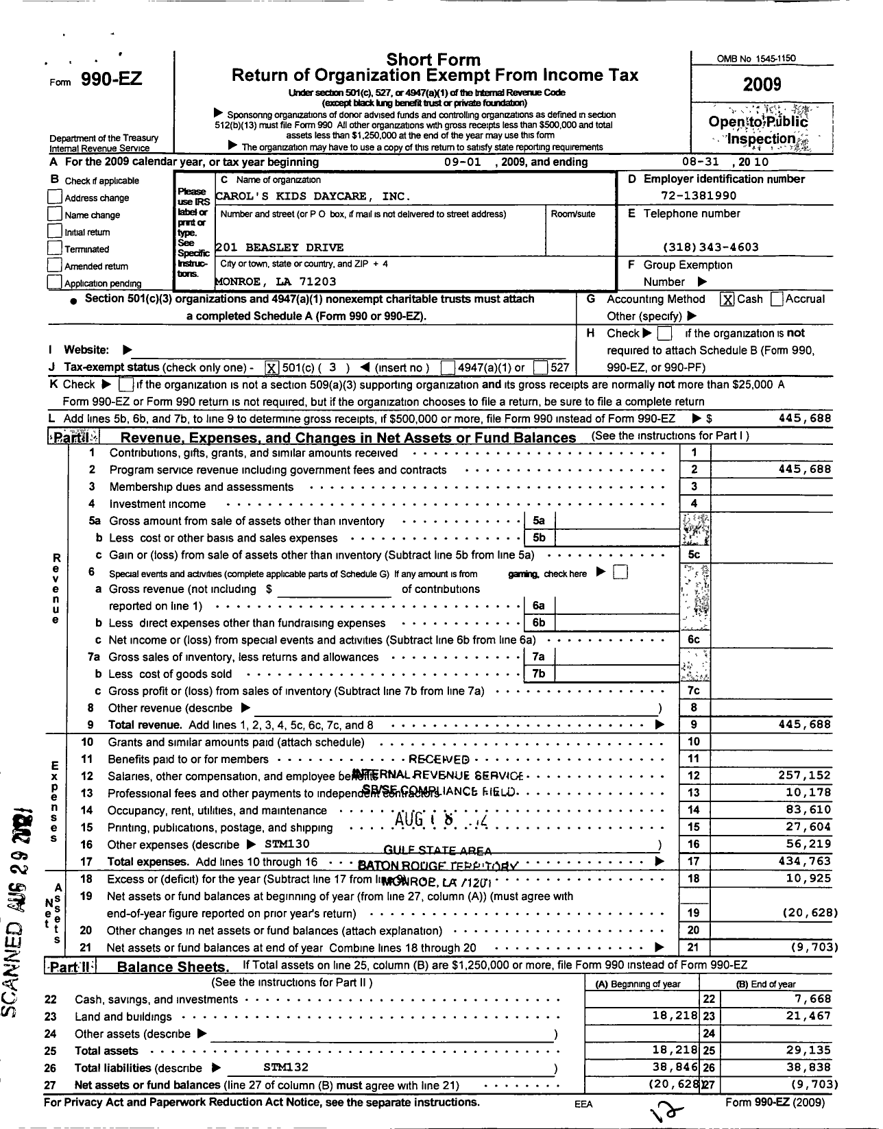 Image of first page of 2009 Form 990EZ for Carols Kids Daycare