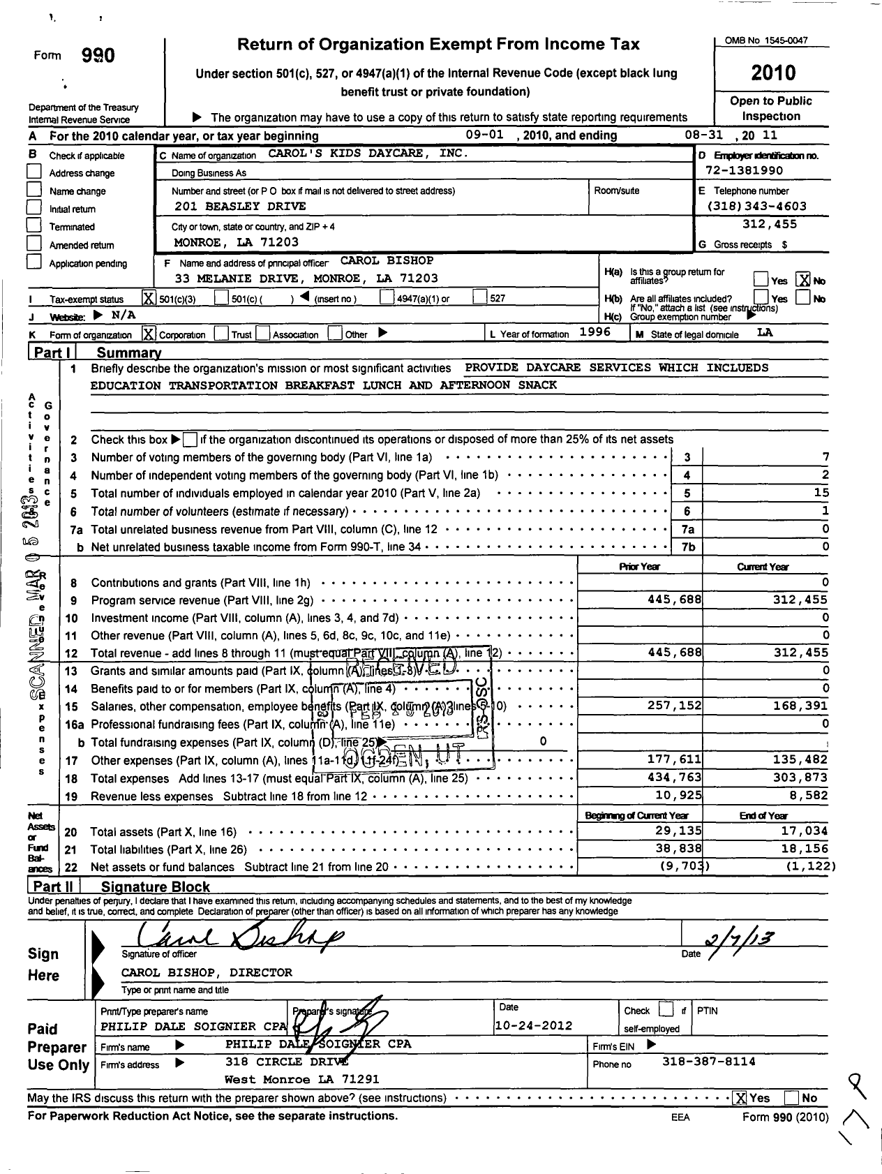 Image of first page of 2010 Form 990 for Carols Kids Daycare