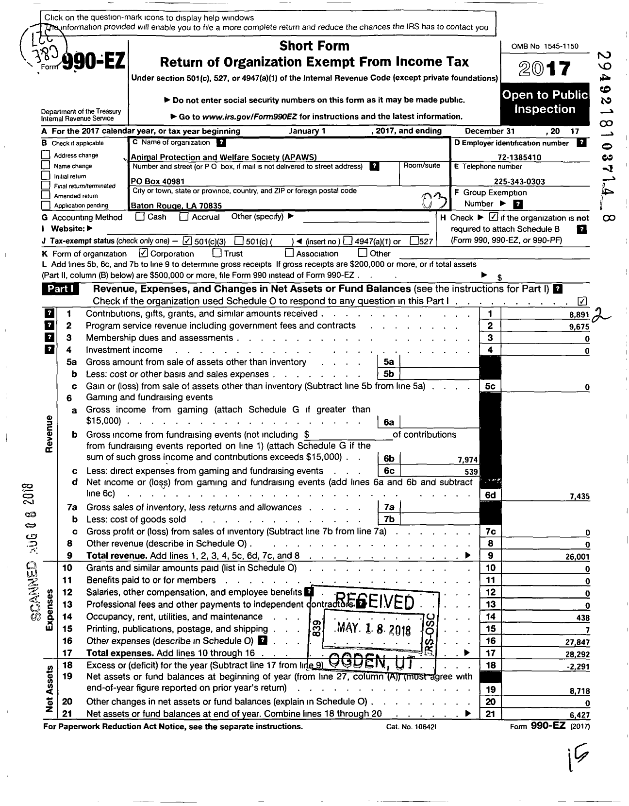 Image of first page of 2017 Form 990EZ for Animal Protection and Welfare Society