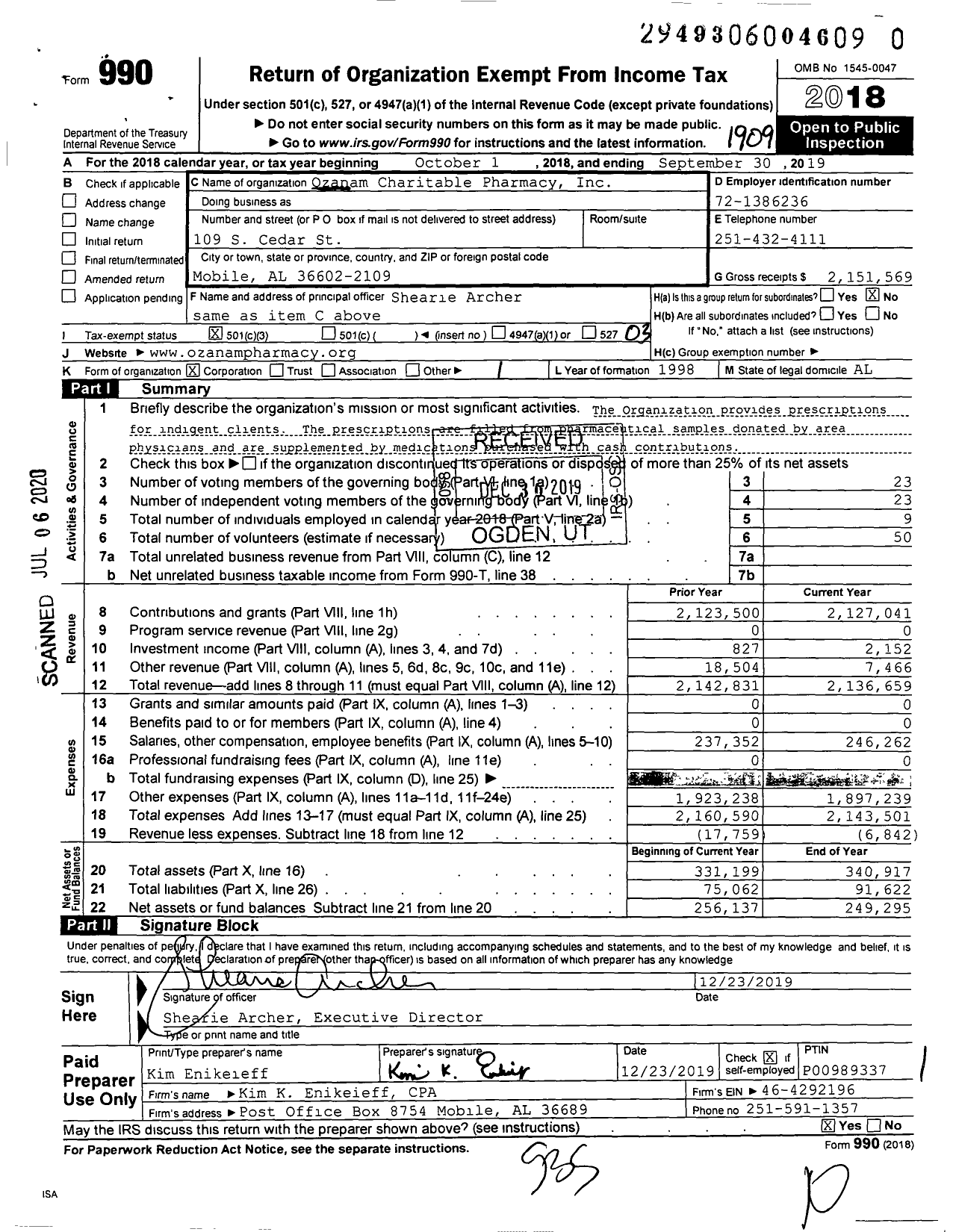 Image of first page of 2018 Form 990 for Ozanam Charitable Pharmacy