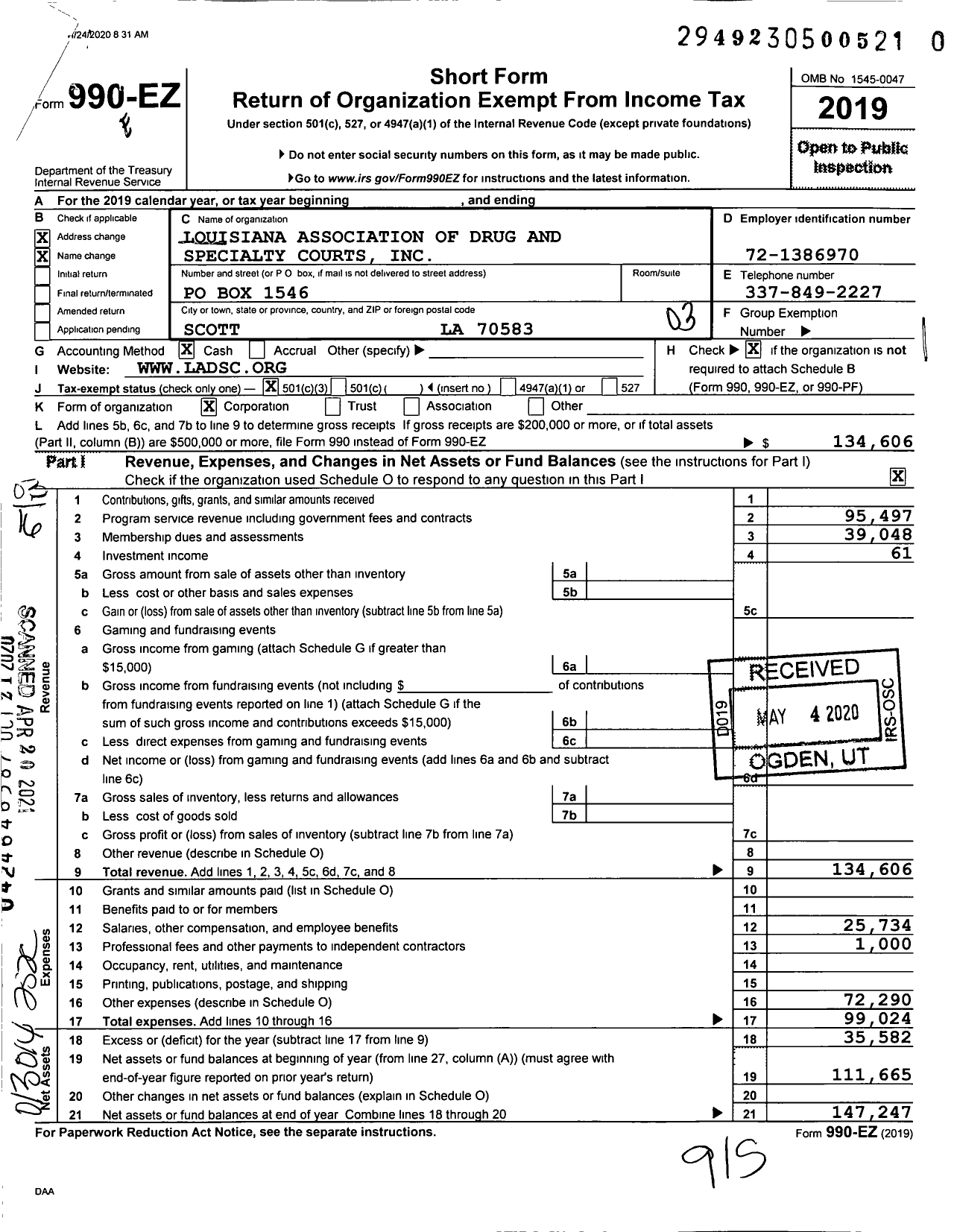 Image of first page of 2019 Form 990EZ for Louisiana Association of Drug and Specialty Courts