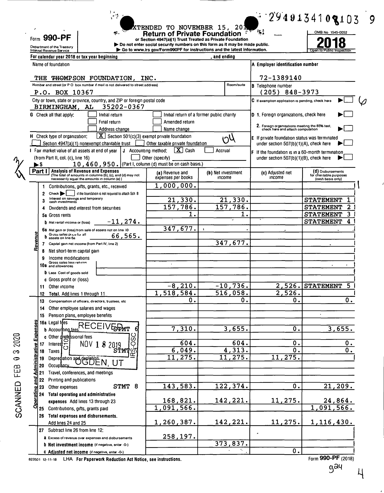 Image of first page of 2018 Form 990PF for The Thompson Foundation