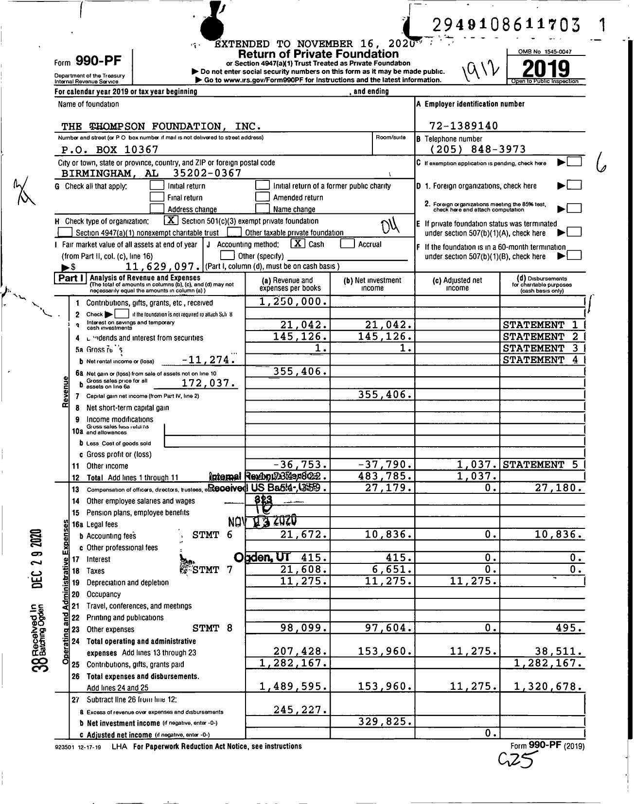 Image of first page of 2019 Form 990PF for The Thompson Foundation