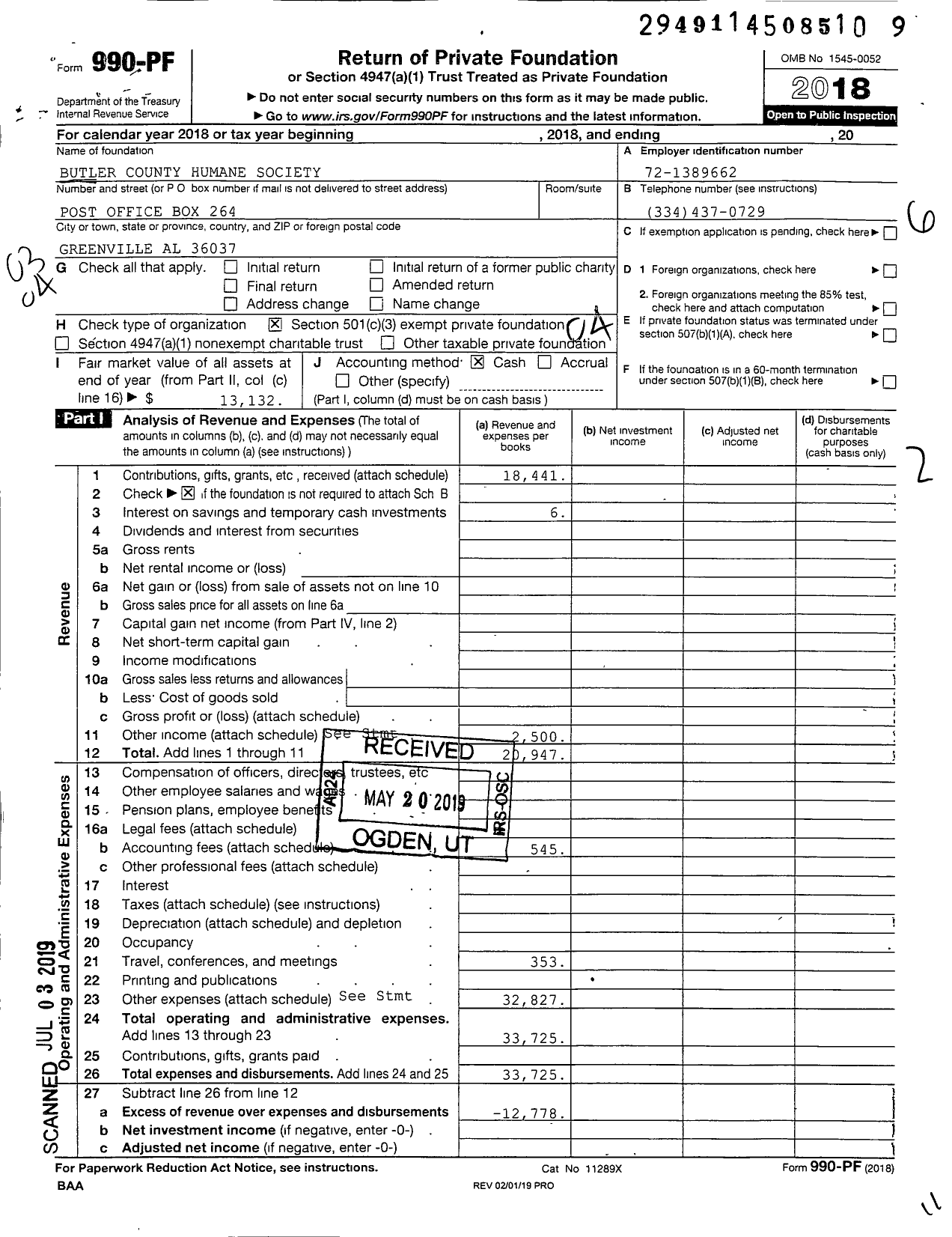 Image of first page of 2018 Form 990PF for Butler County Humane Society