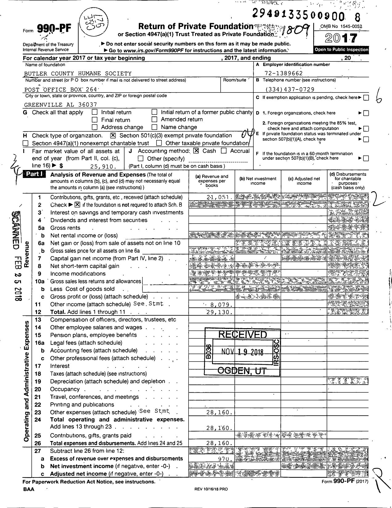 Image of first page of 2017 Form 990PF for Butler County Humane Society
