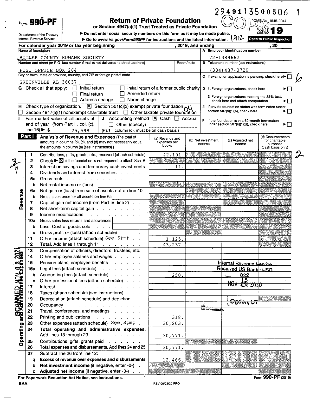 Image of first page of 2019 Form 990PF for Butler County Humane Society