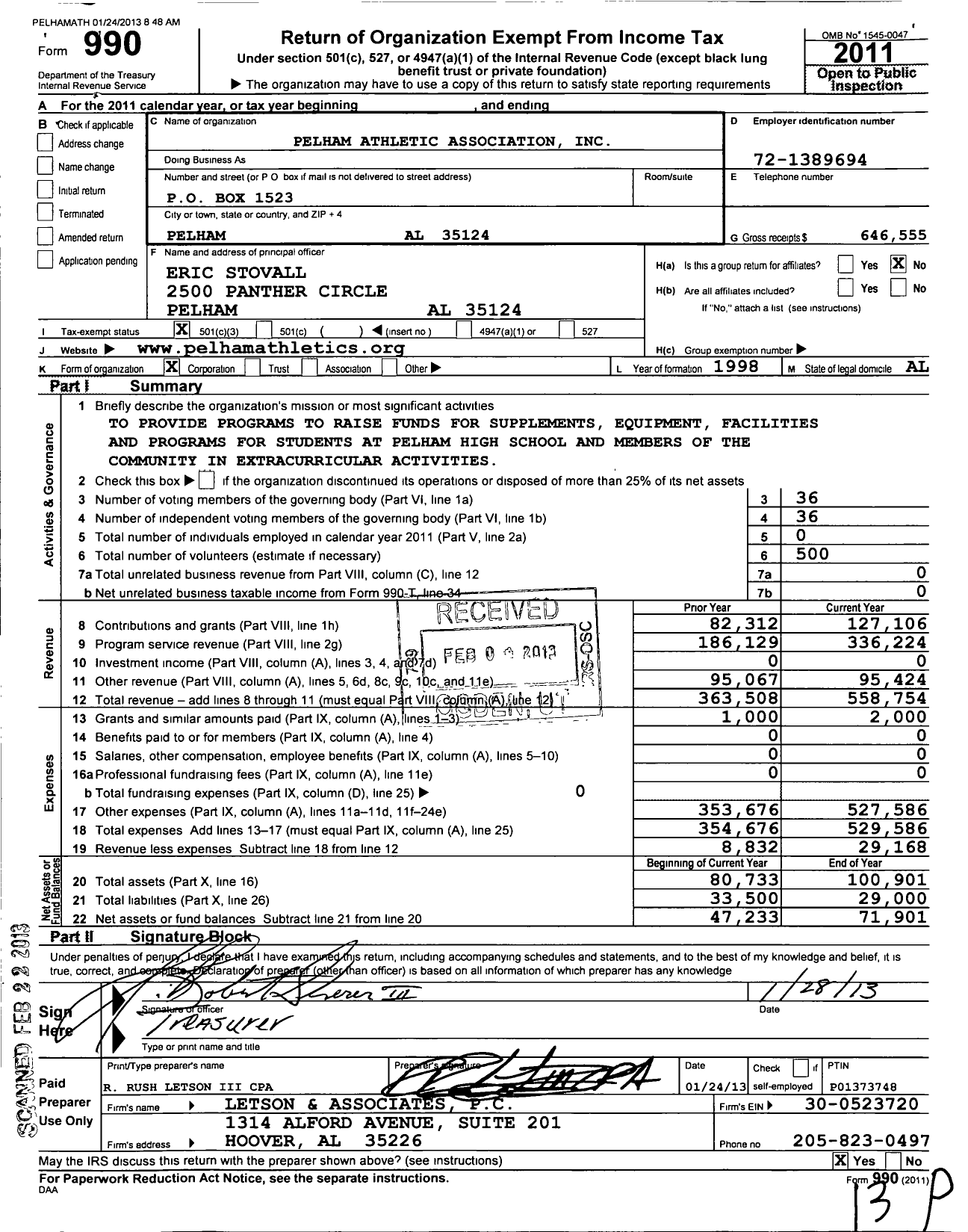 Image of first page of 2011 Form 990 for Pelham Athletic Association