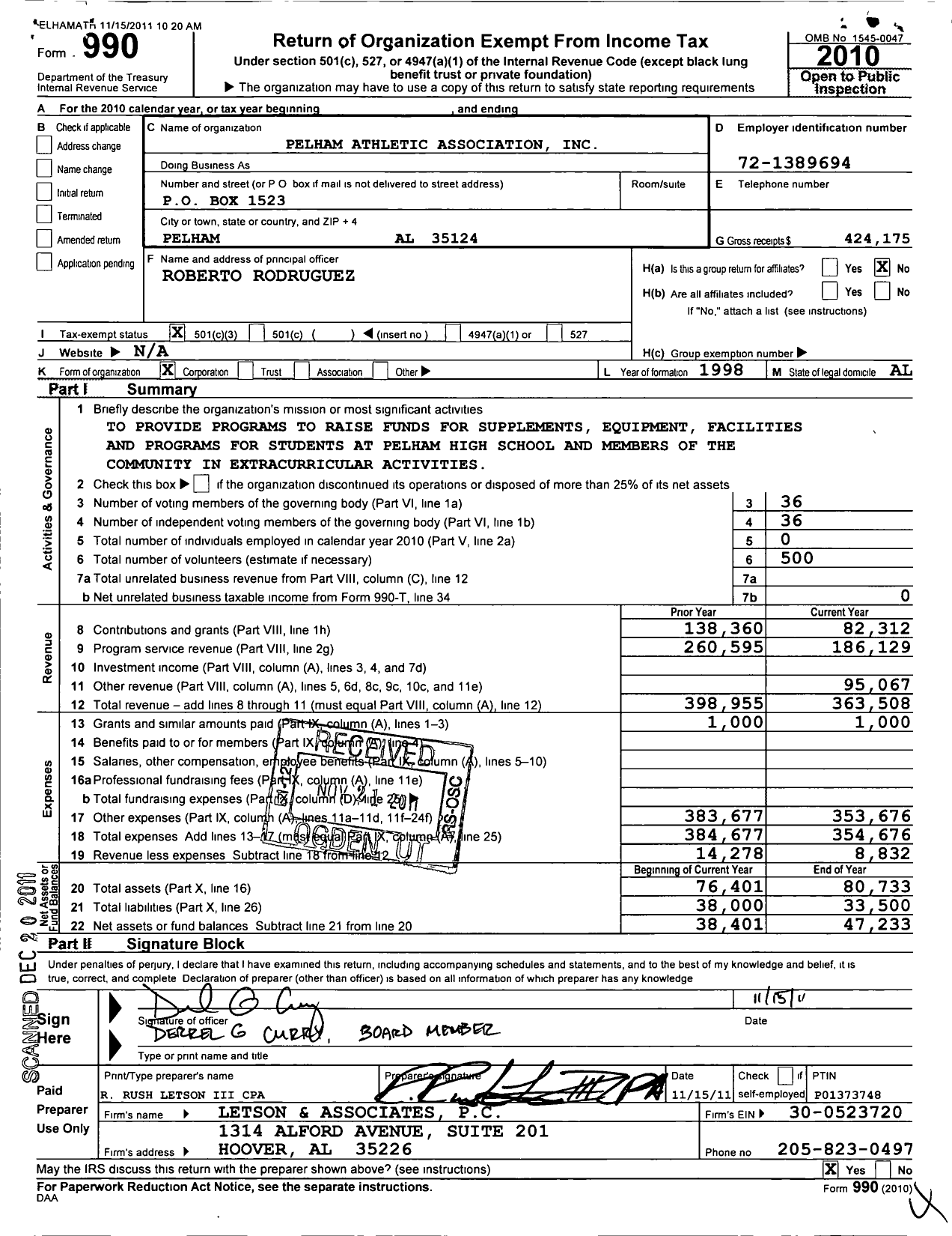 Image of first page of 2010 Form 990 for Pelham Athletic Association