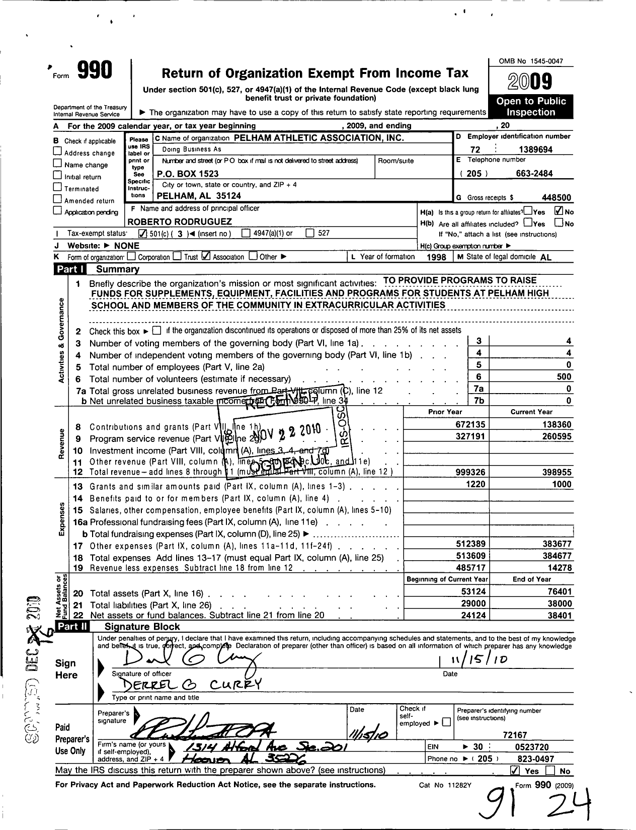 Image of first page of 2009 Form 990 for Pelham Athletic Association