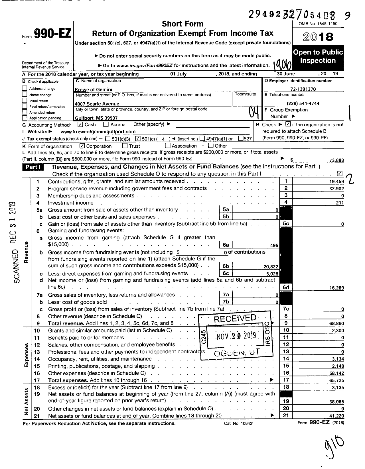 Image of first page of 2018 Form 990EO for Krewe of Gemini