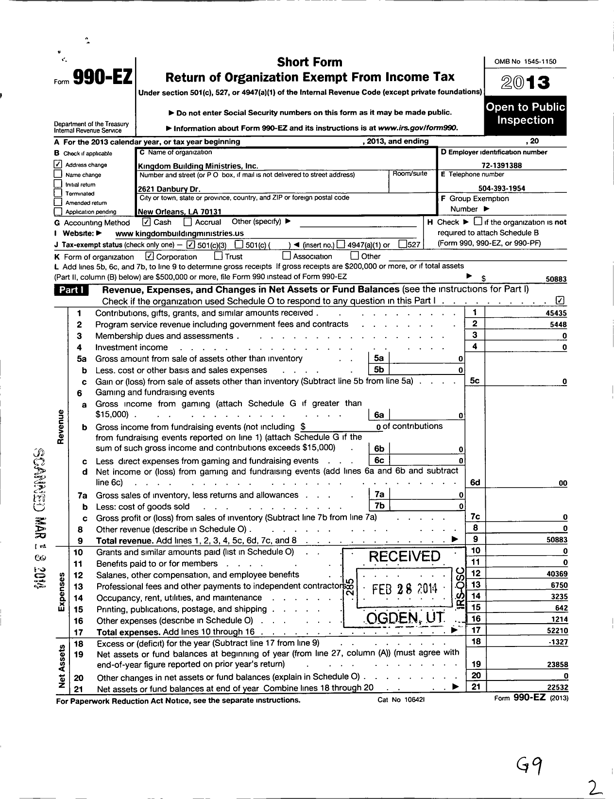 Image of first page of 2013 Form 990EZ for Kingdom Building Ministries