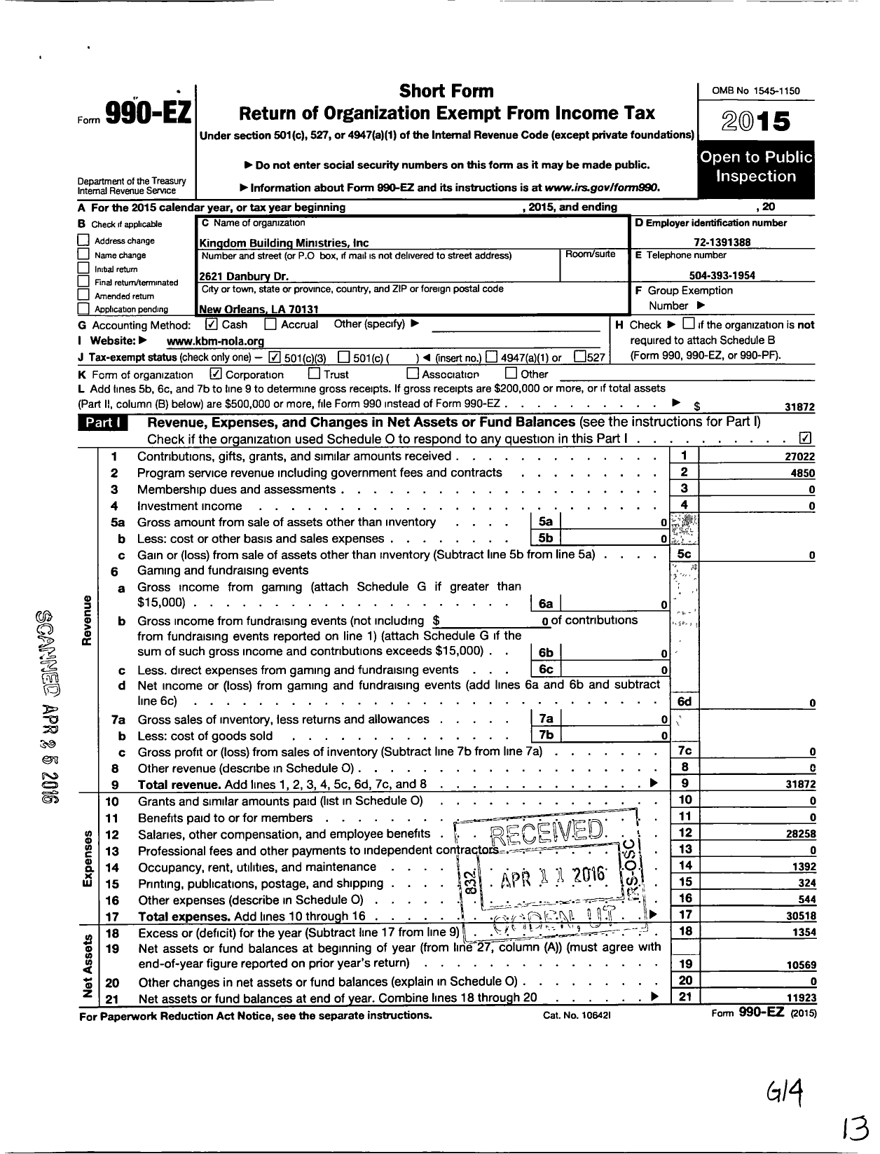 Image of first page of 2015 Form 990EZ for Kingdom Building Ministries