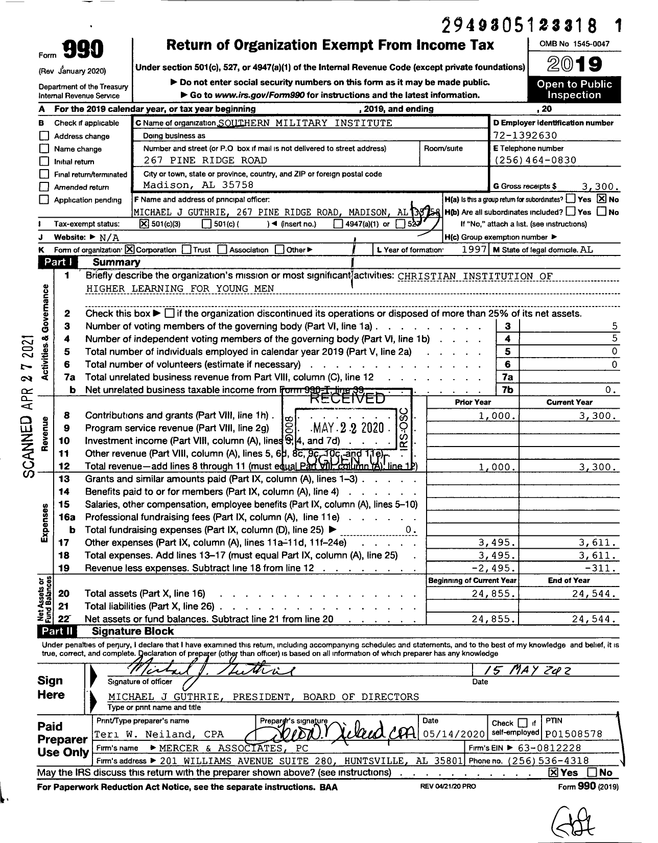 Image of first page of 2019 Form 990 for Southern Military Institute