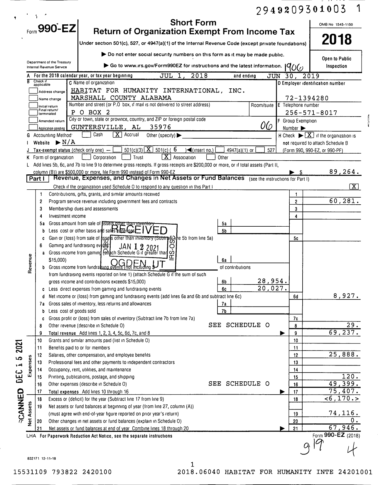 Image of first page of 2018 Form 990EO for Habitat for Humanity - Marshall Co Alabama HFH of