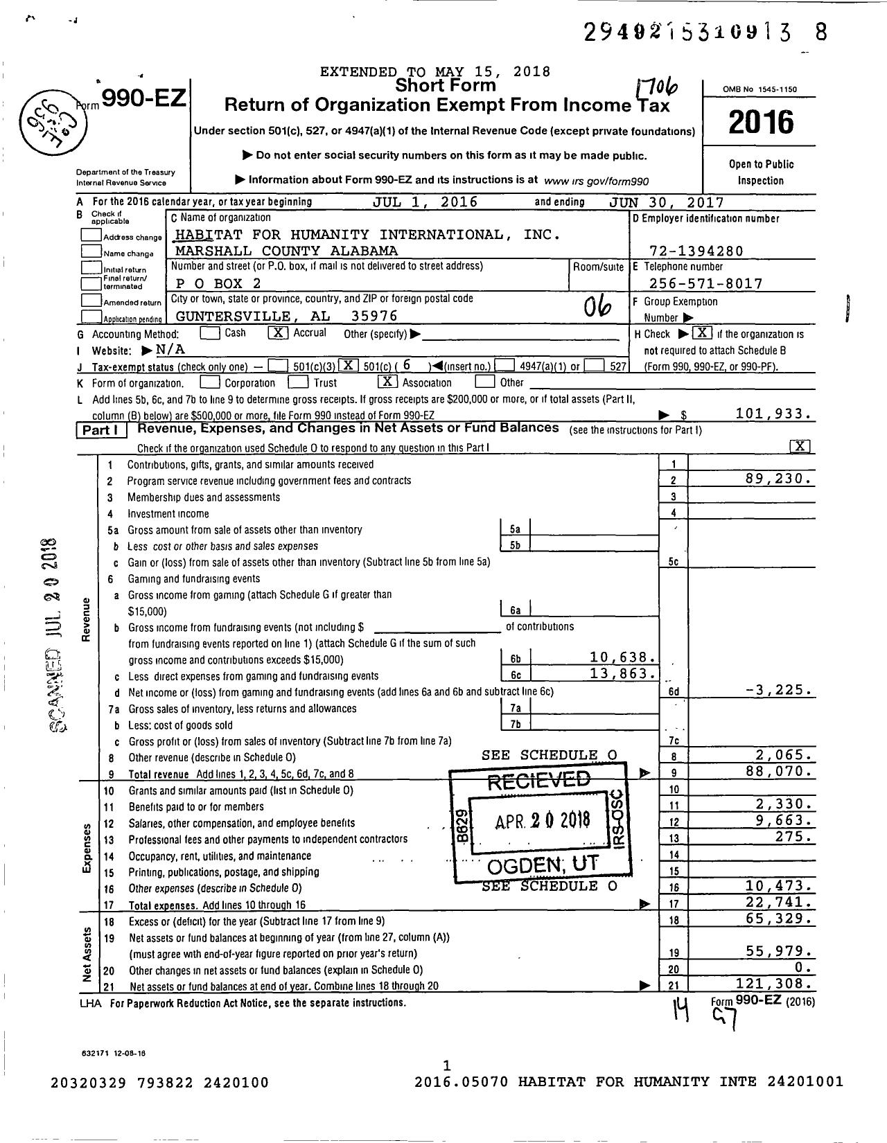 Image of first page of 2016 Form 990EO for Habitat for Humanity - Marshall Co Alabama HFH of