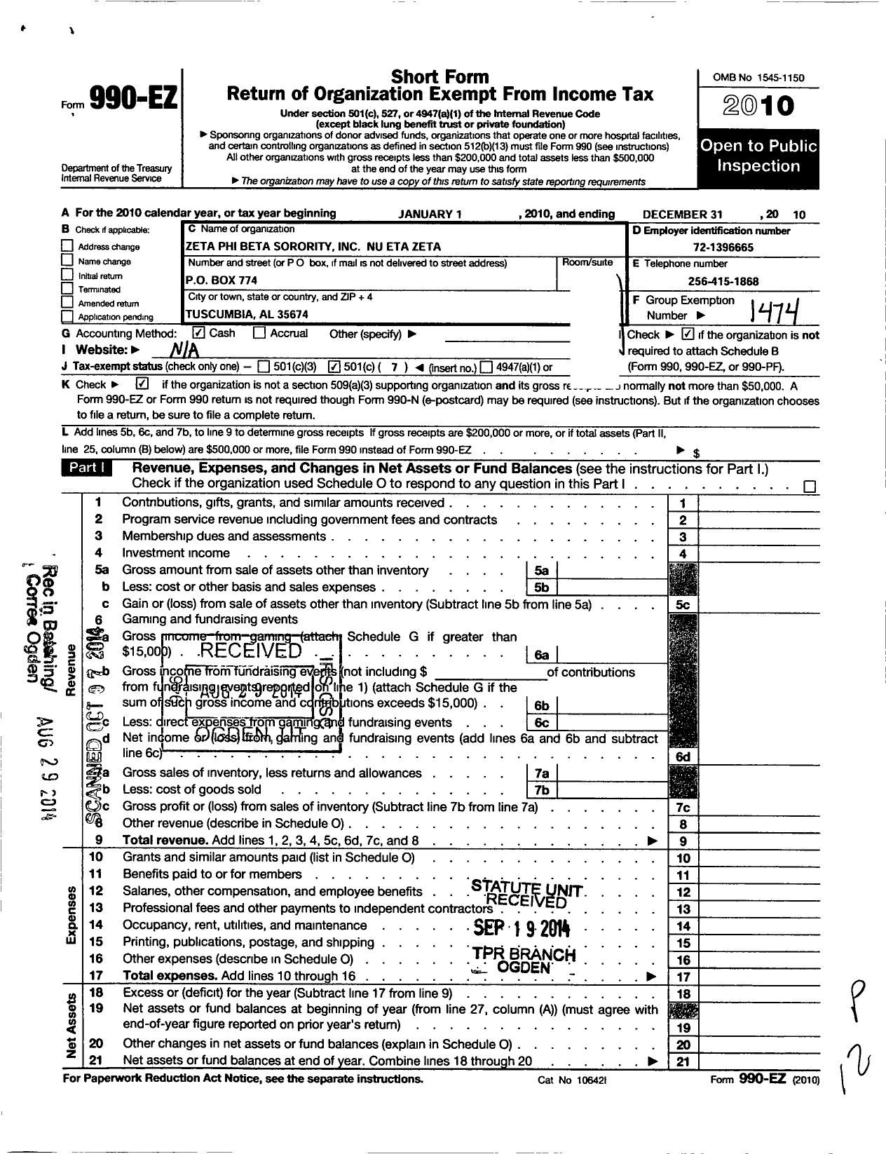 Image of first page of 2010 Form 990EO for Zeta Phi Beta Sorority / Nu Eta Zeta