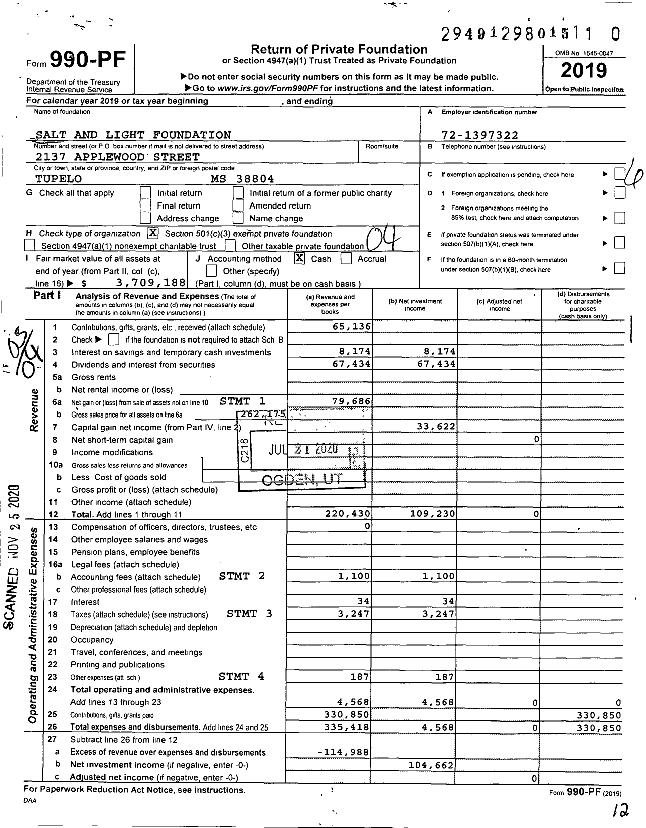 Image of first page of 2019 Form 990PF for Salt and Light Foundation