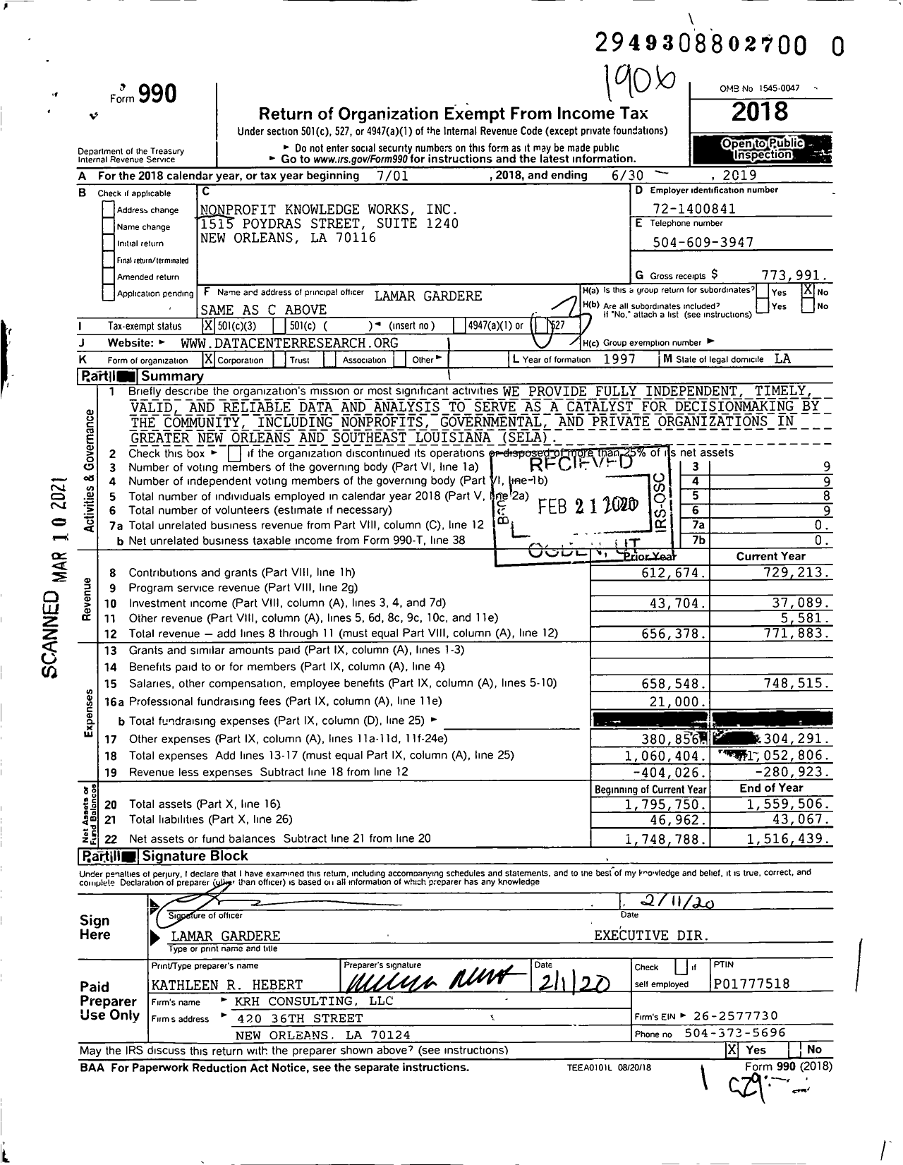 Image of first page of 2018 Form 990 for The Data Center of Southeast Louisiana