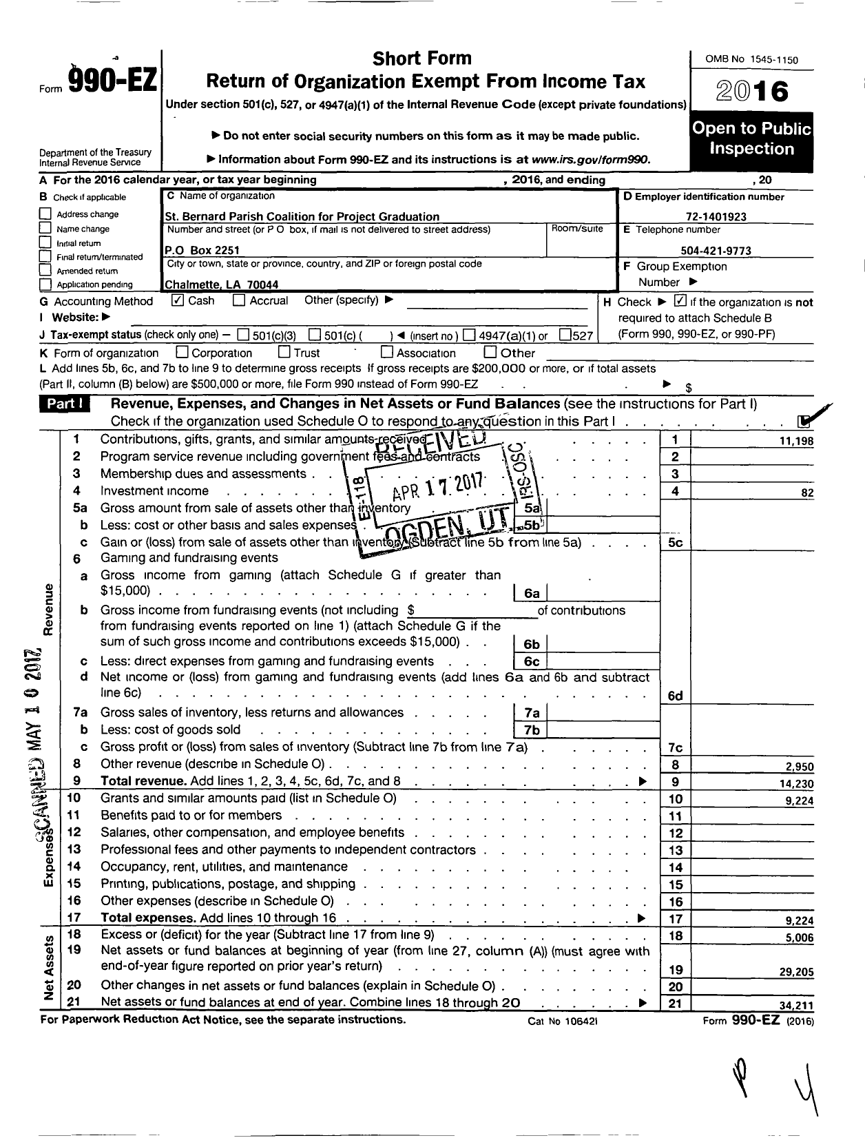 Image of first page of 2016 Form 990EO for St Bernard Coalition for Project Graduation