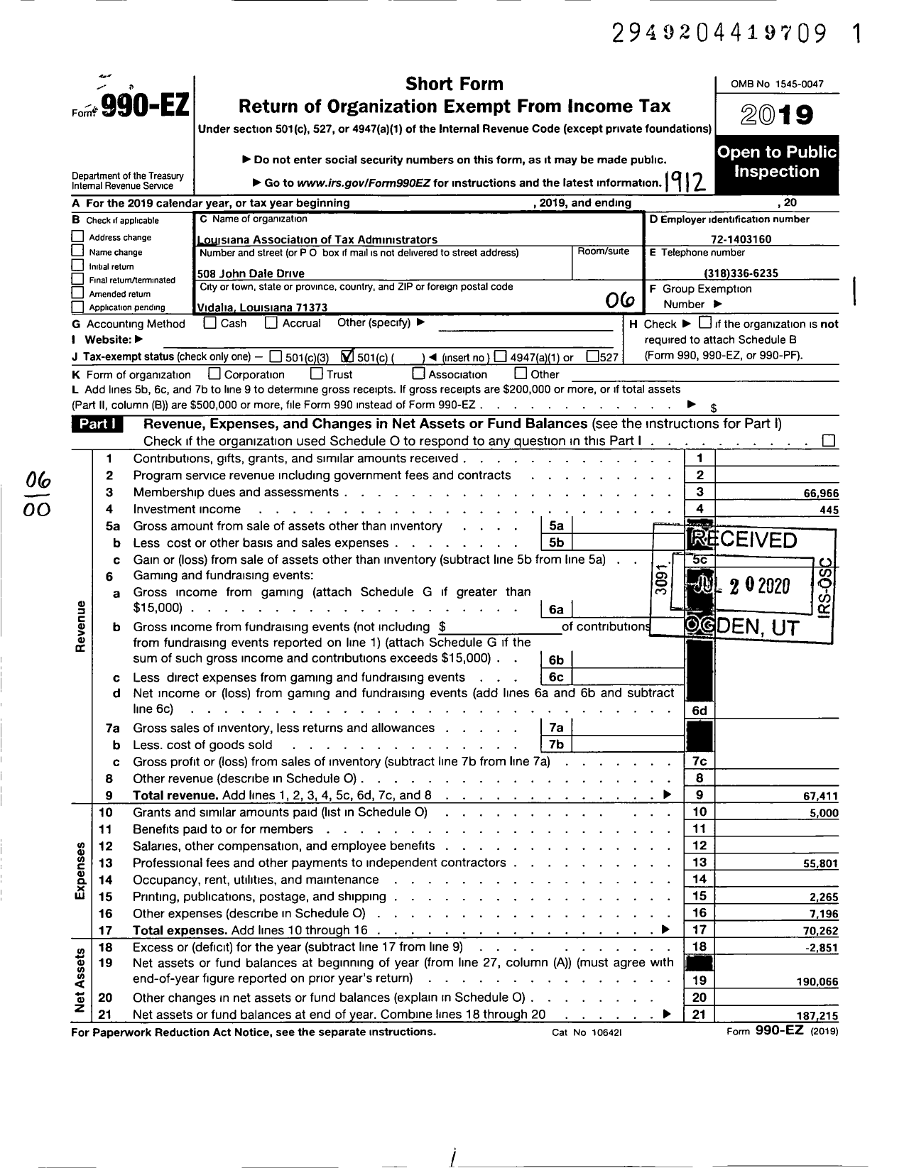 Image of first page of 2019 Form 990EO for Louisiana Association of Tax Administrators