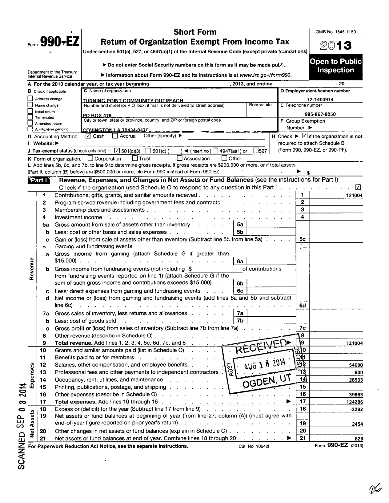 Image of first page of 2013 Form 990EZ for Turning Point Community Outreach