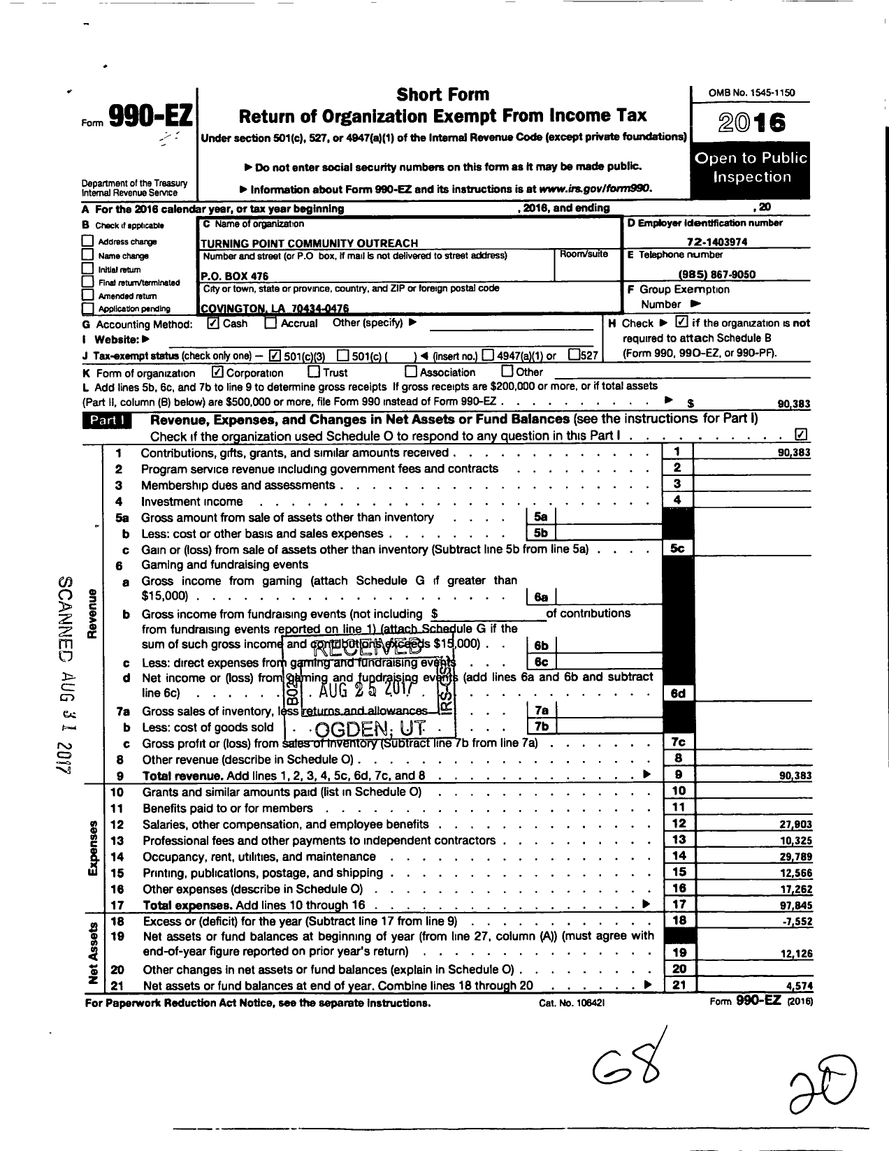 Image of first page of 2016 Form 990EZ for Turning Point Community Outreach