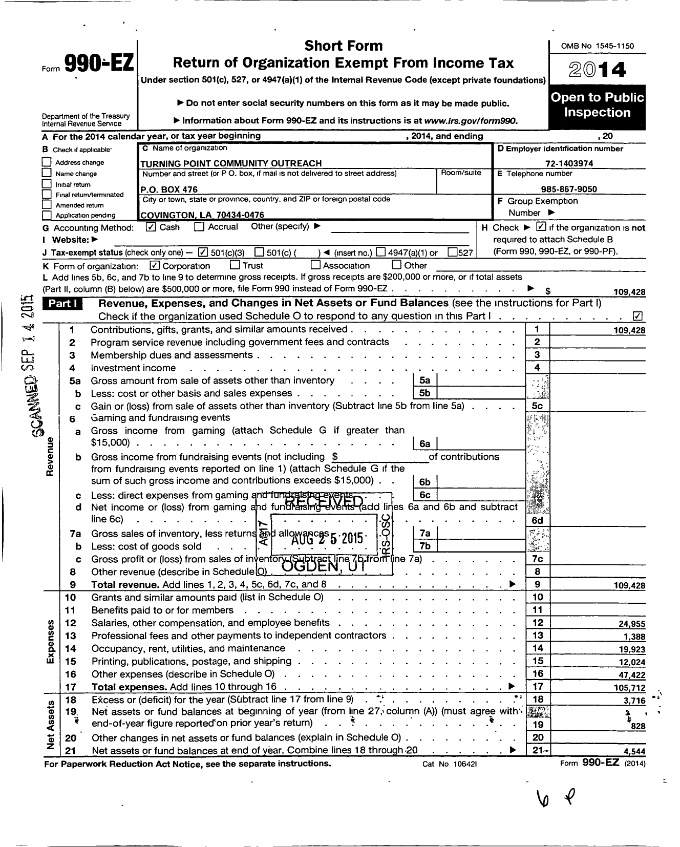 Image of first page of 2014 Form 990EZ for Turning Point Community Outreach