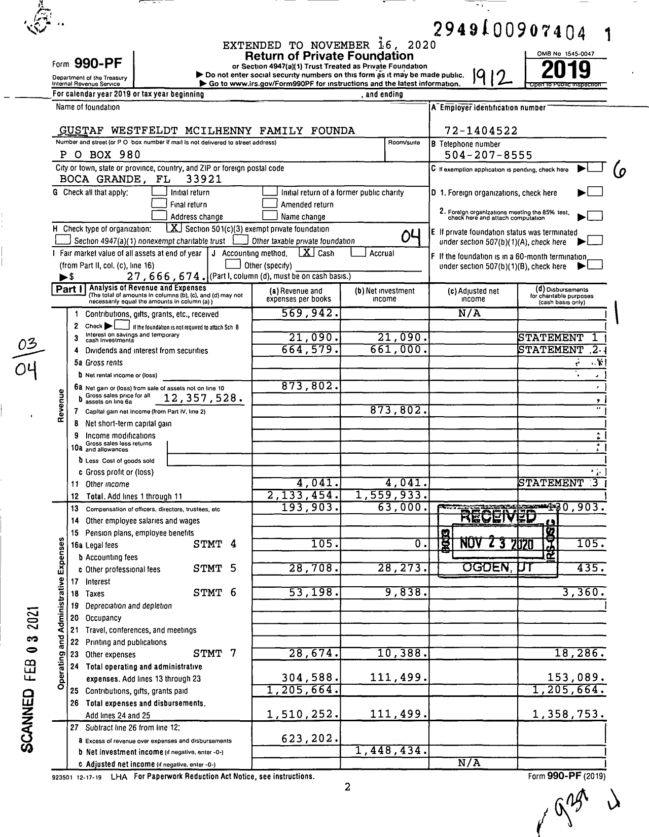 Image of first page of 2019 Form 990PF for Gustaf Westfeldt Mcilhenny Family Foundation