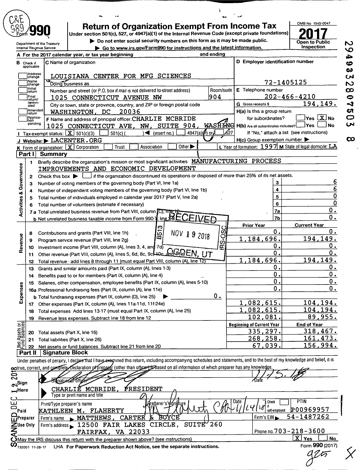 Image of first page of 2017 Form 990 for Louisiana Center for MFG Sciences