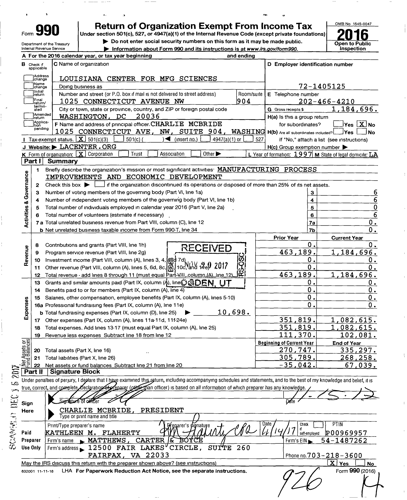 Image of first page of 2016 Form 990 for Louisiana Center for MFG Sciences