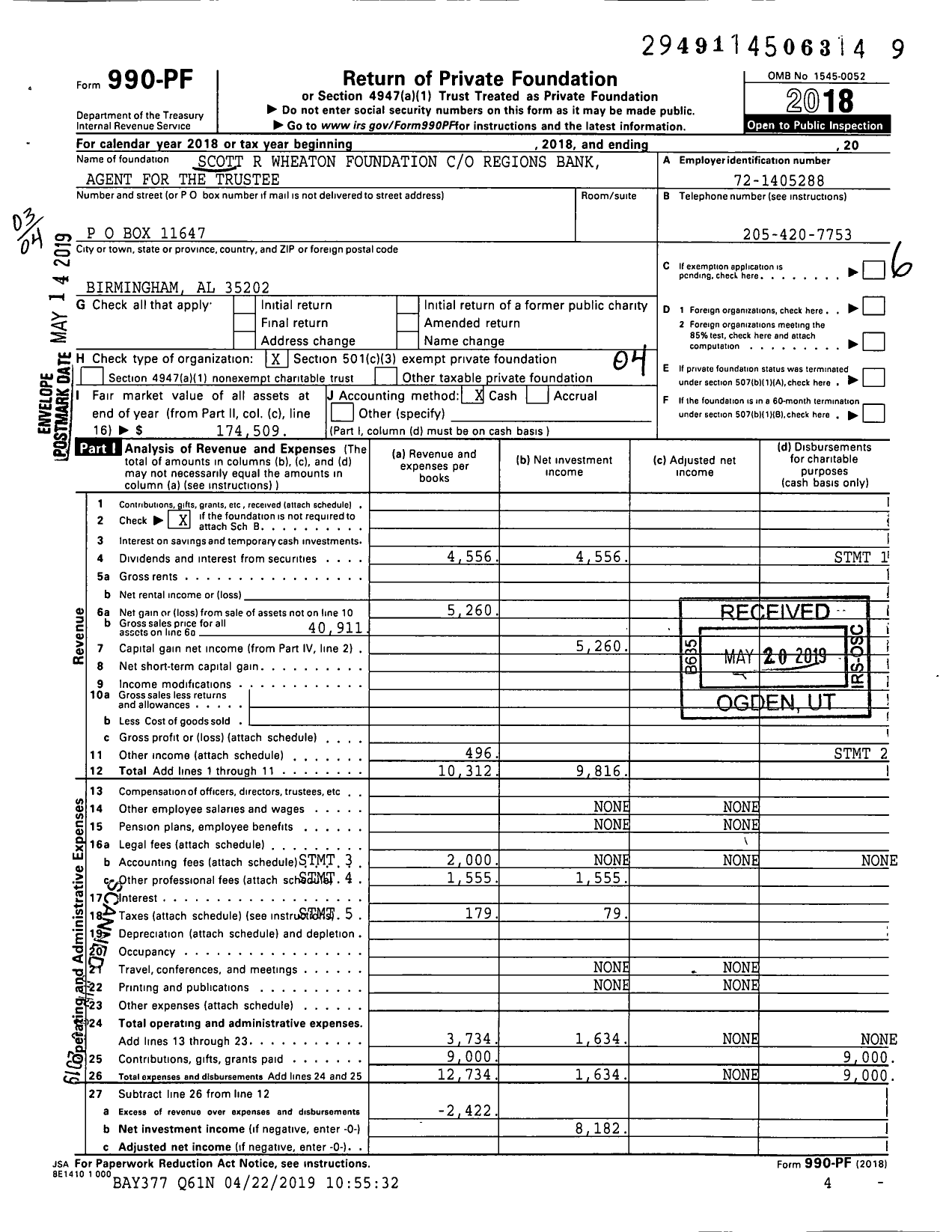 Image of first page of 2018 Form 990PF for Scott R Wheaton Foundation Regions Bank