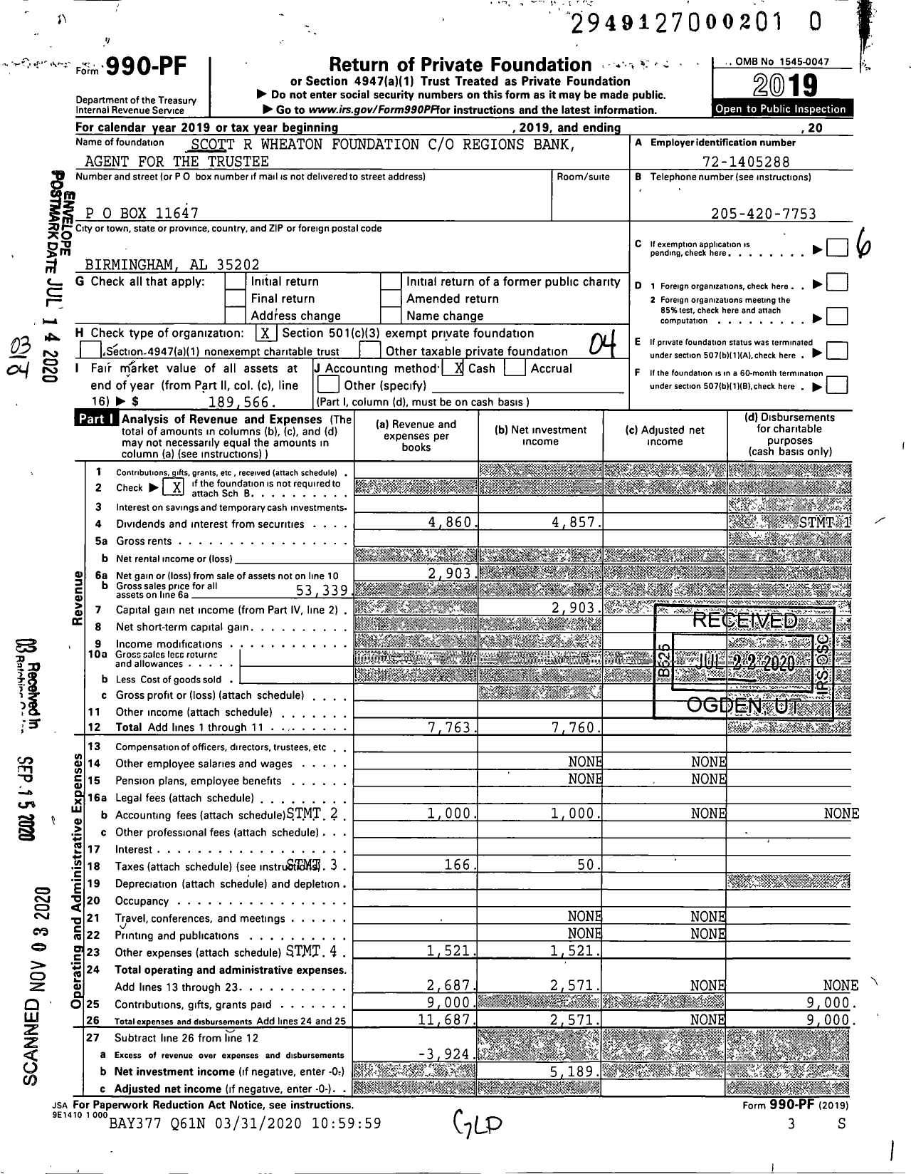 Image of first page of 2019 Form 990PF for Scott R Wheaton Foundation Regions Bank