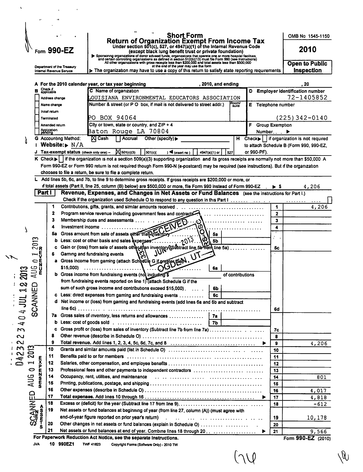 Image of first page of 2010 Form 990EZ for Louisiana Environmental Education Association