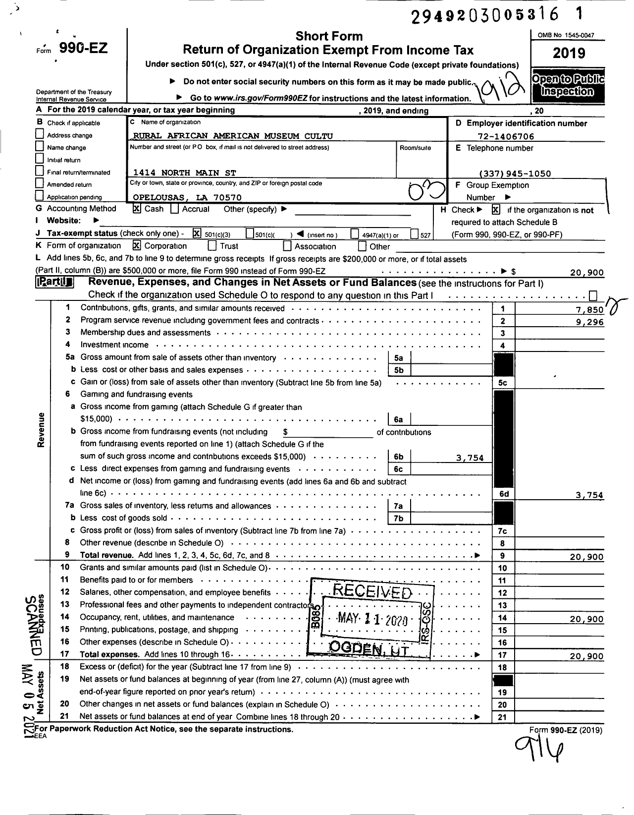 Image of first page of 2019 Form 990EZ for Rural African American Museum Cultural Tourism Center