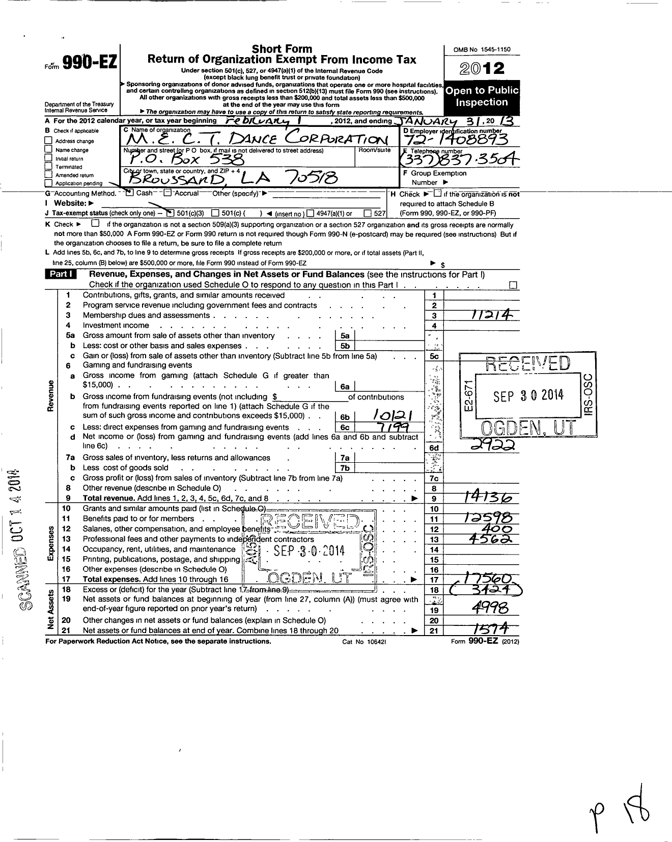 Image of first page of 2012 Form 990EZ for M E C T Dance Corporation