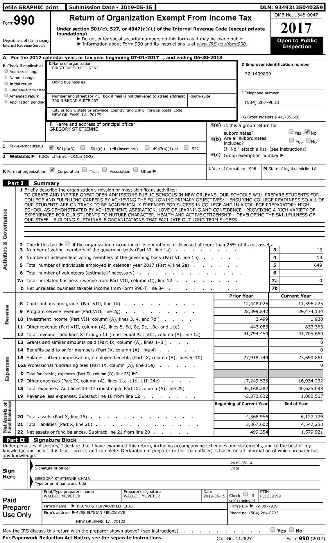 Image of first page of 2017 Form 990 for FirstLine Schools