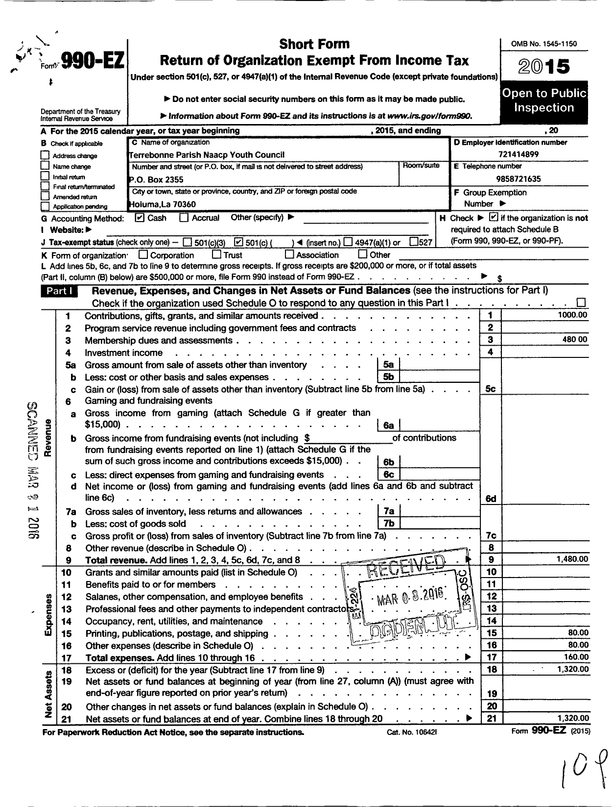 Image of first page of 2015 Form 990EO for National Association for the Advancement of Colored People - 6713 Terrebonne Parish Youth