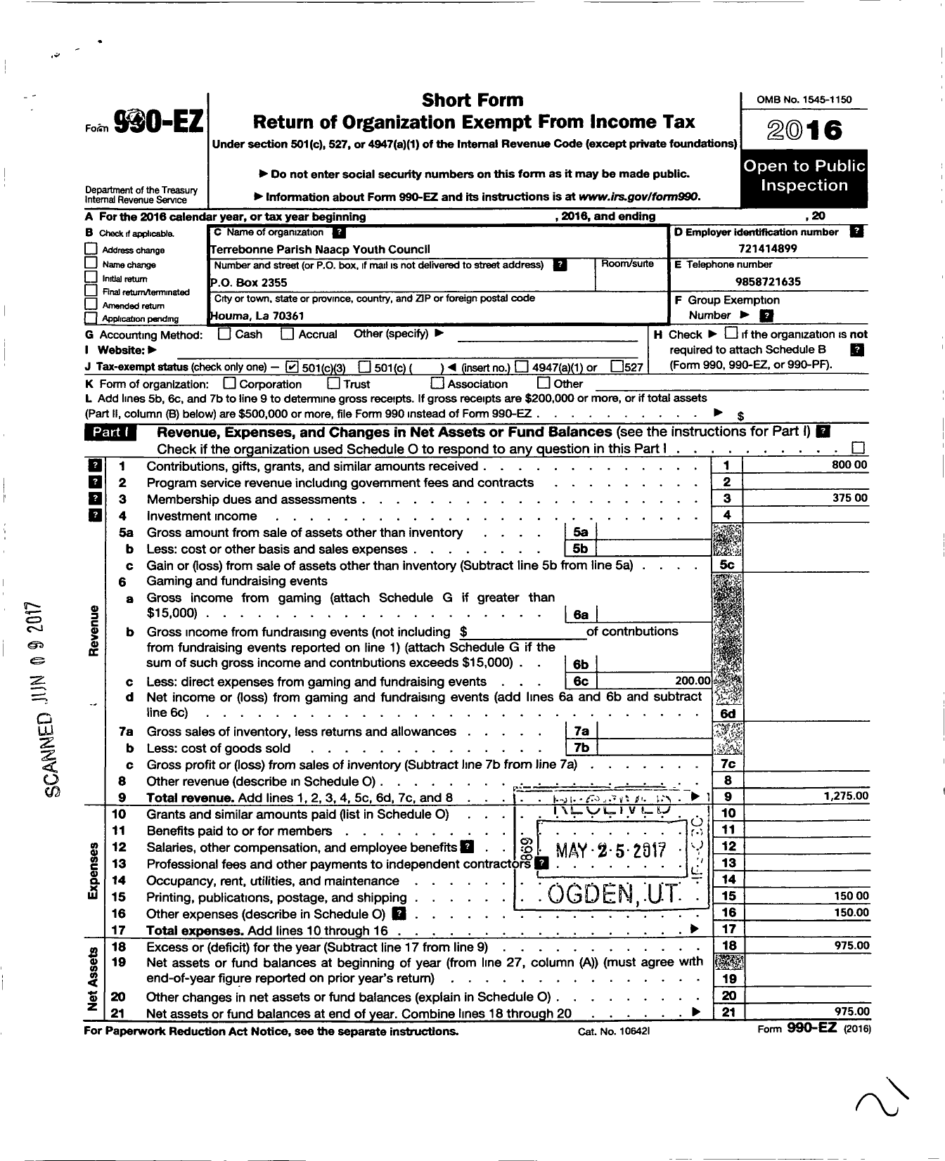 Image of first page of 2016 Form 990EZ for National Association for the Advancement of Colored People - 6713 Terrebonne Parish Youth