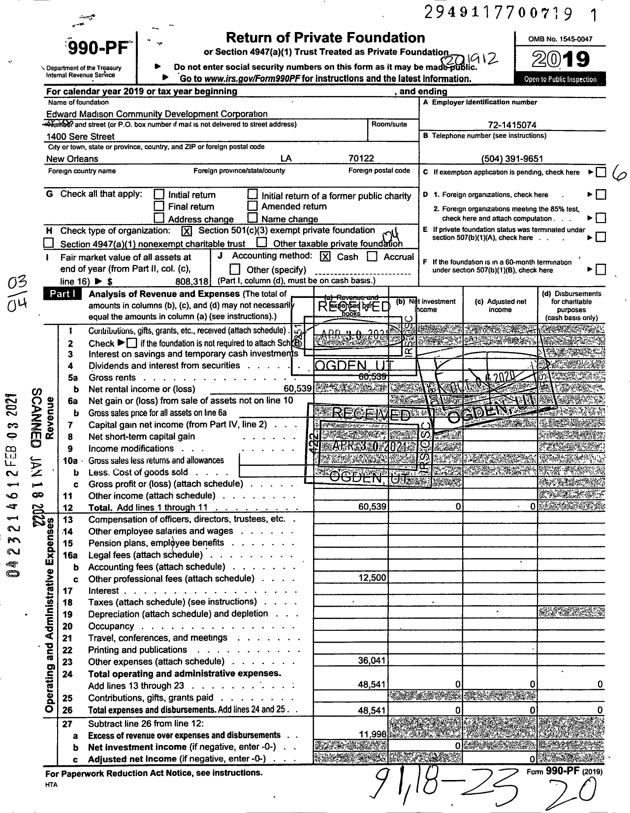 Image of first page of 2019 Form 990PF for Edward Madison Community Development Corporation