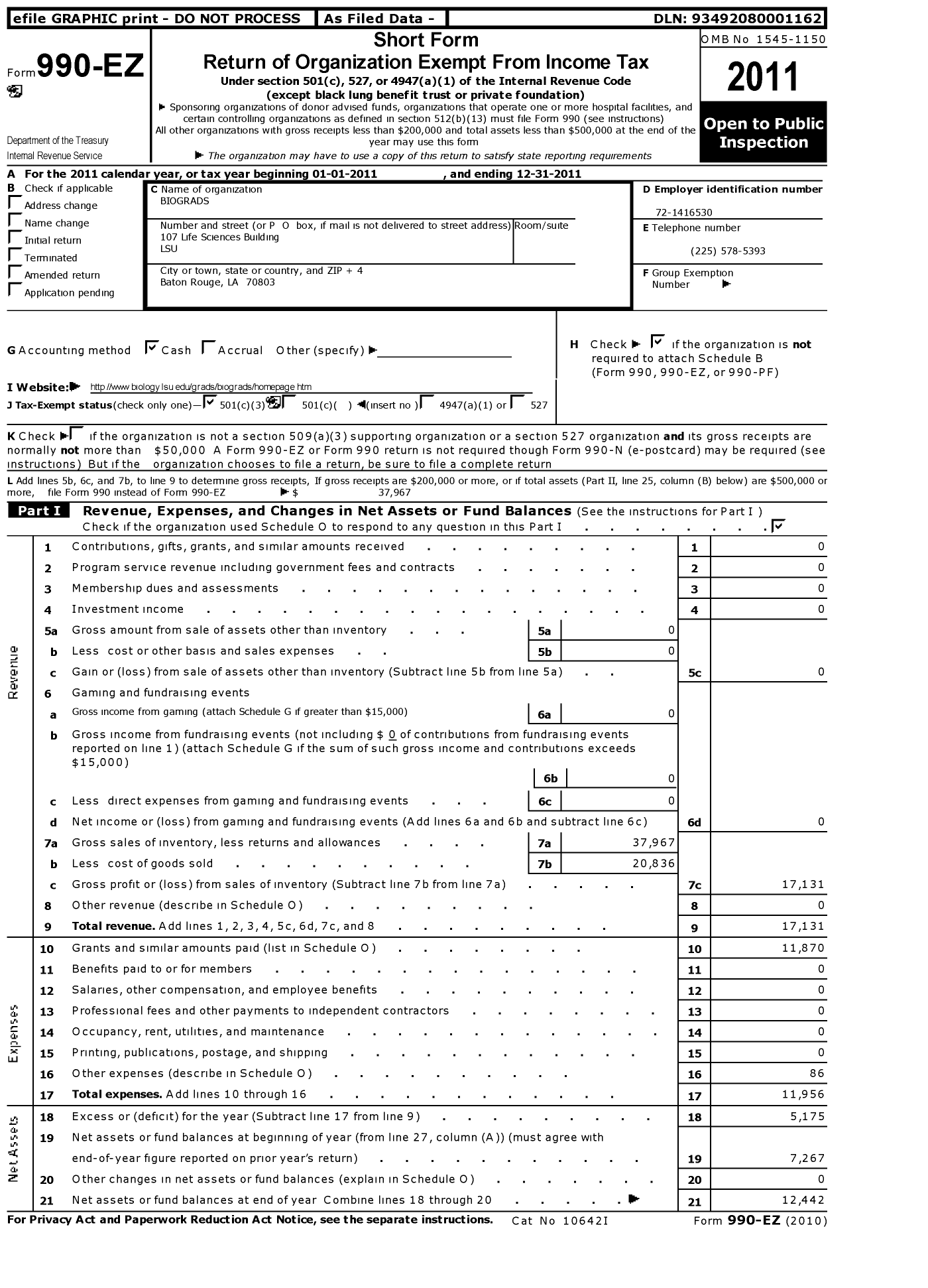 Image of first page of 2011 Form 990EZ for Biograds