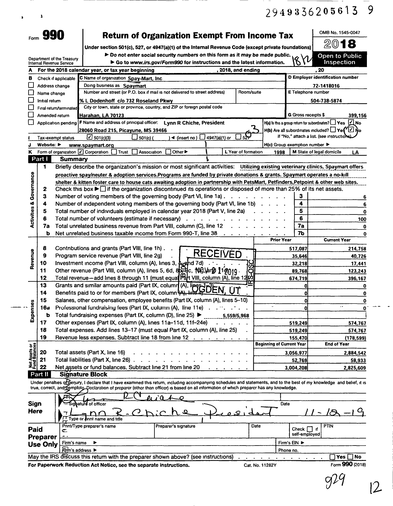 Image of first page of 2018 Form 990 for Spay-Mart Inc Spaymart