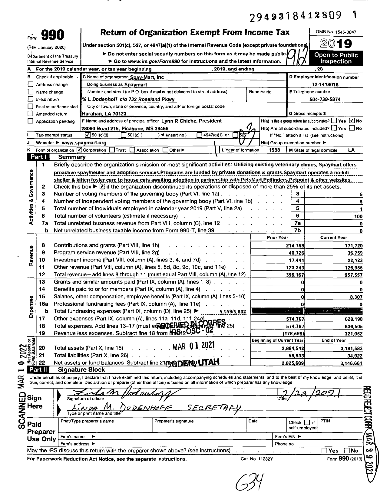 Image of first page of 2019 Form 990 for Spay-Mart Inc Spaymart