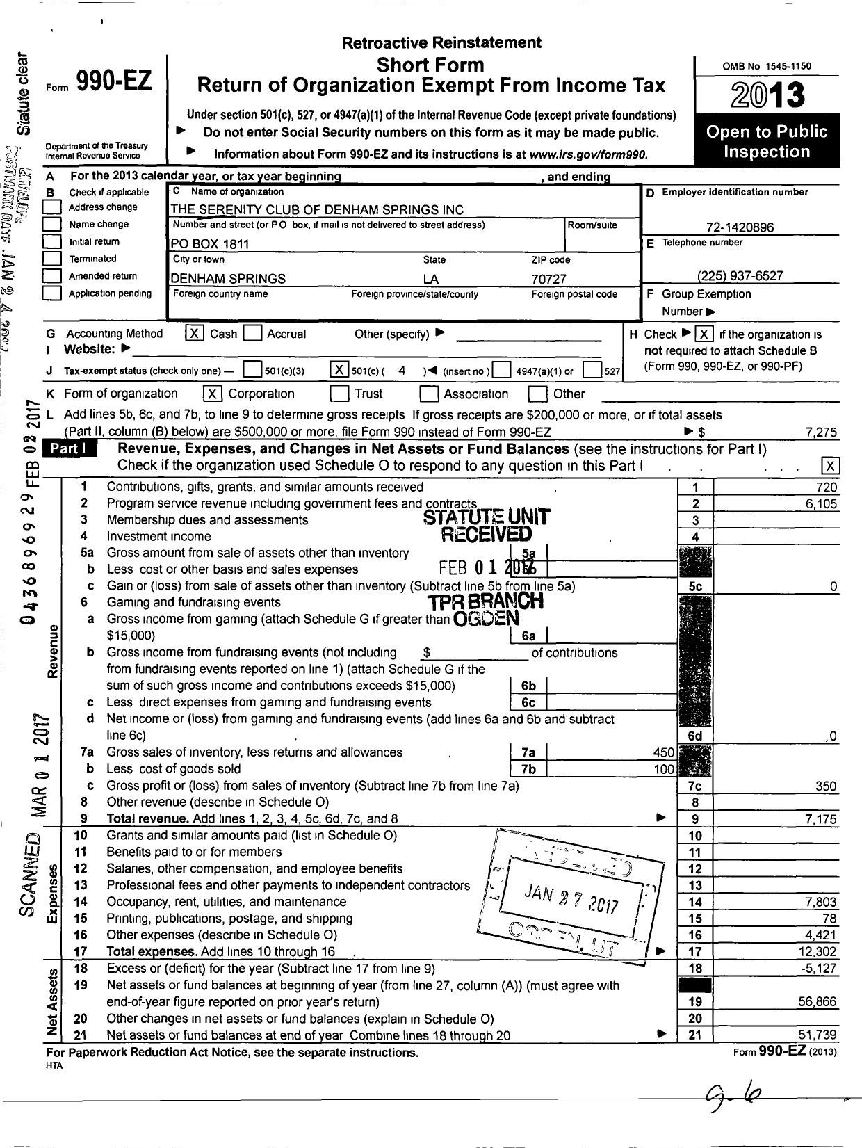 Image of first page of 2013 Form 990EO for Serenity Club of Denham Springs