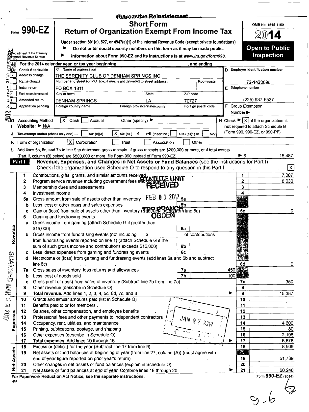 Image of first page of 2014 Form 990EO for Serenity Club of Denham Springs