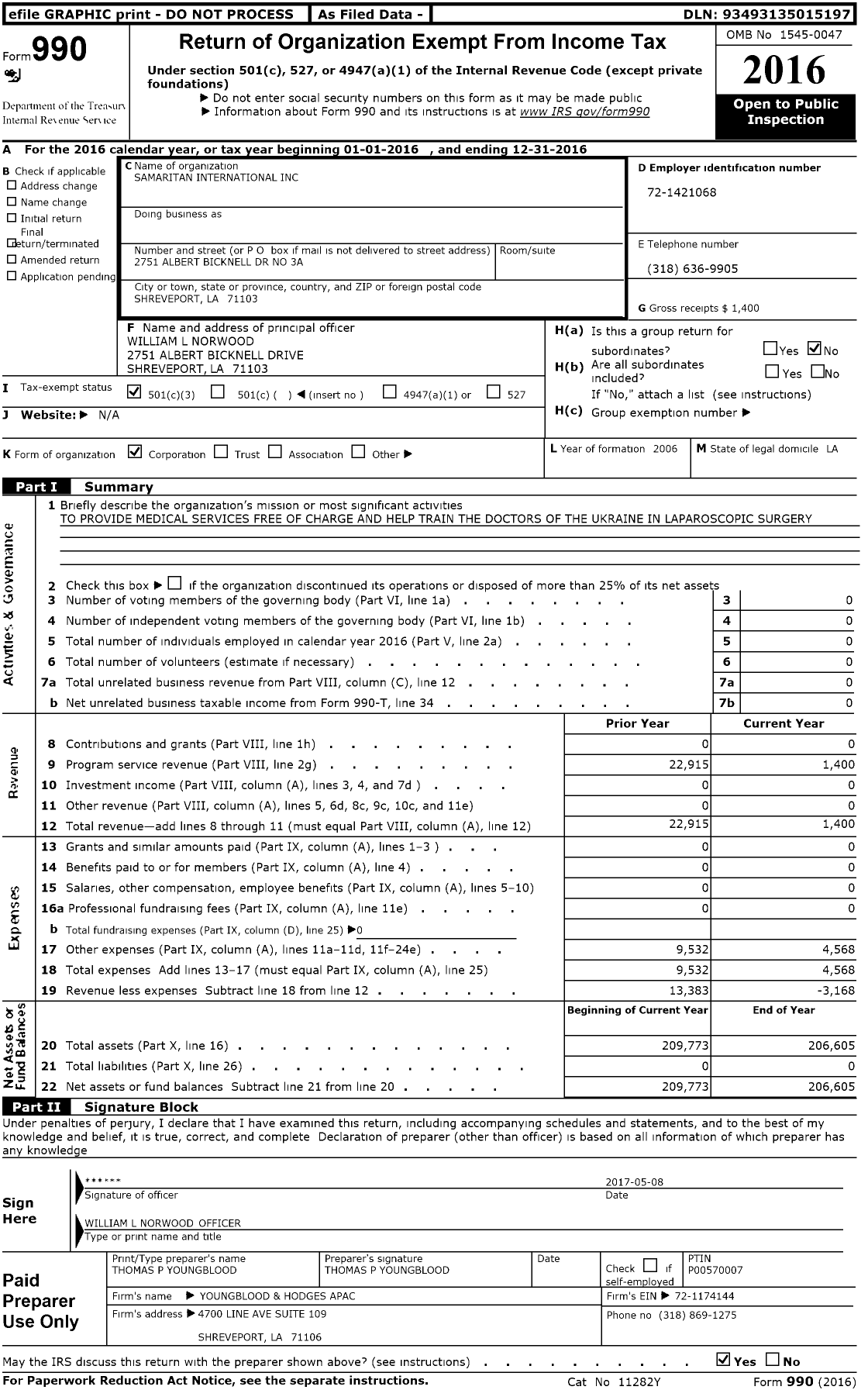 Image of first page of 2016 Form 990 for Samaritan International