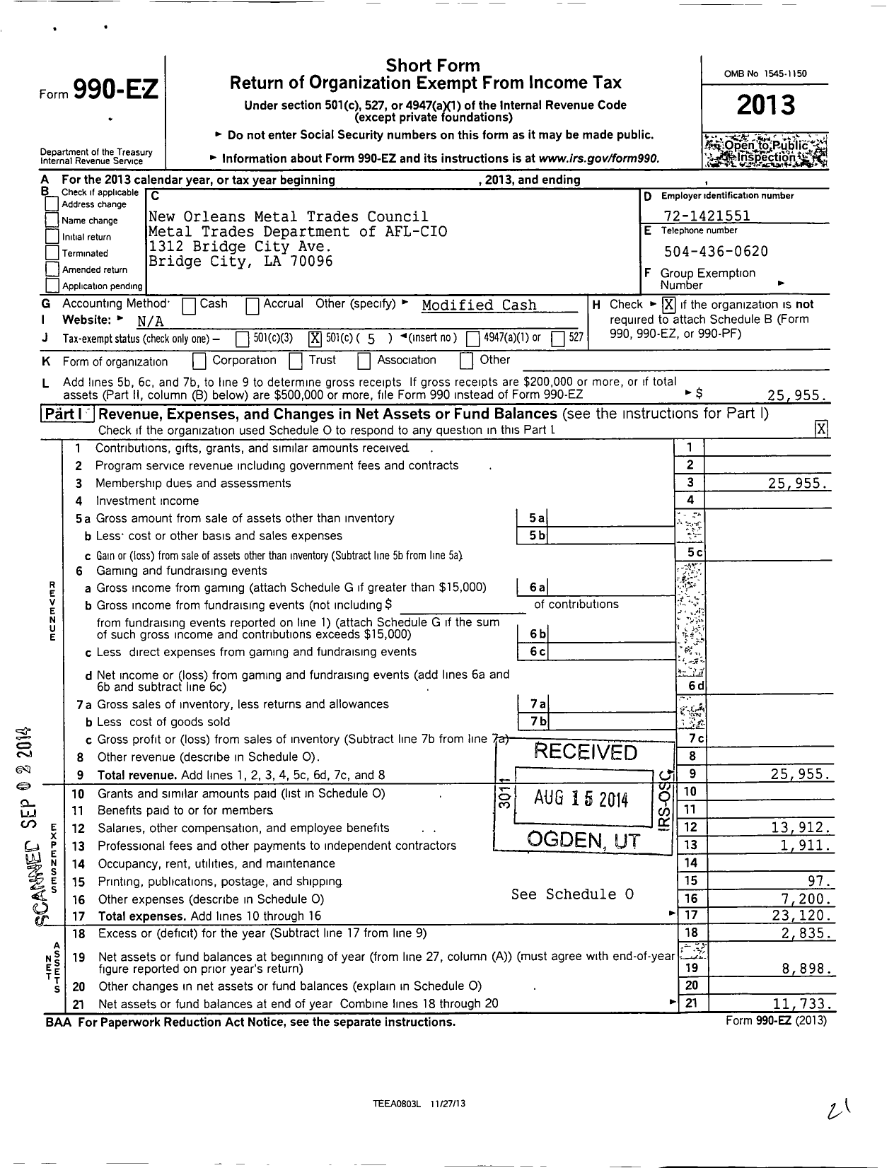 Image of first page of 2013 Form 990EO for AFL-CIO - New Orleans Metal Trades Council