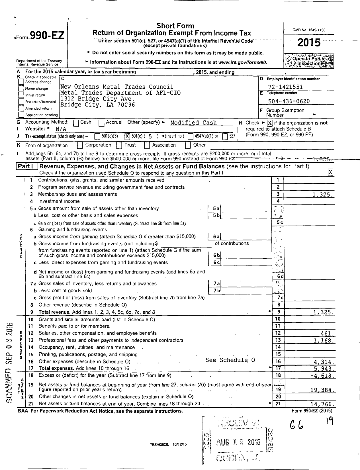 Image of first page of 2015 Form 990EO for AFL-CIO - New Orleans Metal Trades Council