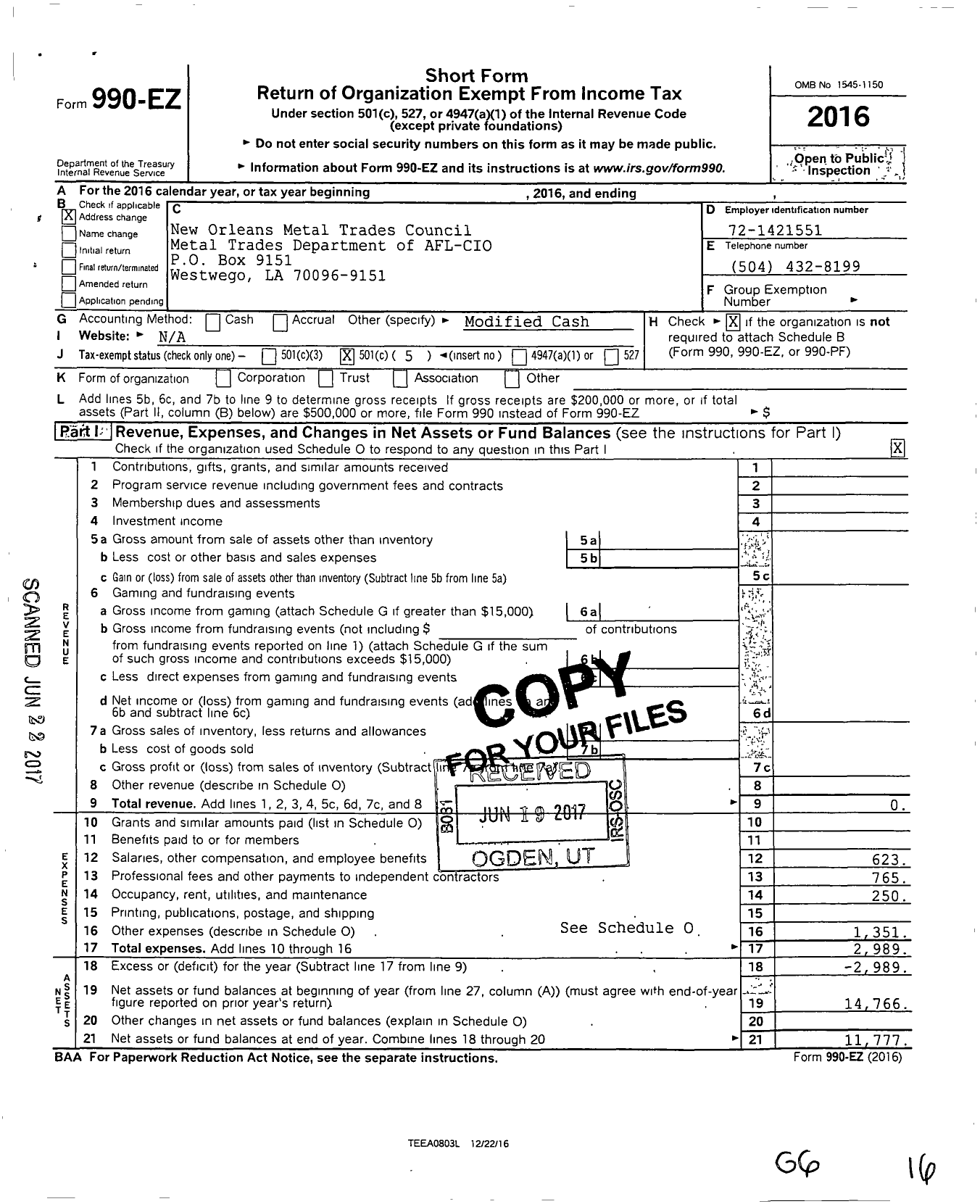 Image of first page of 2016 Form 990EO for AFL-CIO - New Orleans Metal Trades Council